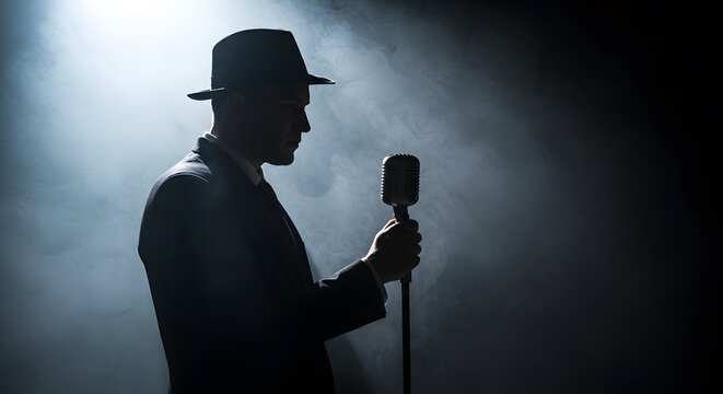 Jazz Singer Performing in Dark Club with Microphone and Fedora Hat