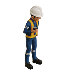 Isolate industrial worker is using the mobile phone on transparent background