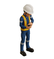 Isolate industrial worker is using the mobile phone on transparent background