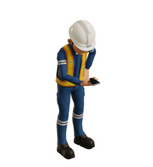 Isolate industrial worker is using the mobile phone  to taking a photo on transparent back ground