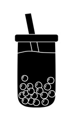 Black silhouette of rounded glass with bubble tea boba pearls straw, glyph icon vector