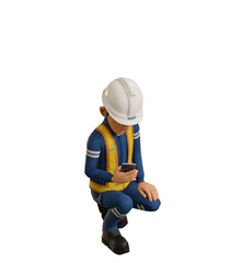 Isolate industrial worker is using the mobile phone on transparent background