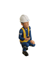 Isolate industrial worker is using the mobile phone on transparent background