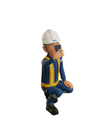 Isolate industrial worker is using the mobile phone  to taking a photo on transparent back ground
