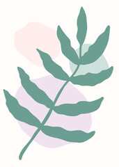 Green boho leaf overlapping pastel colored abstract shapes, vector
