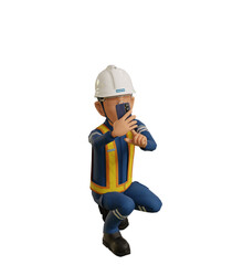 Isolate industrial worker is using the mobile phone  to taking a photo on transparent back ground