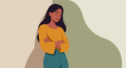 Young woman in mustard yellow top and teal green pants standing thoughtfully in an illustrative portrait