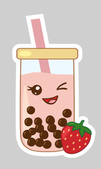 Sticker with kawaii style strawberry bubble tea glass with boba pearls and straw, vector
