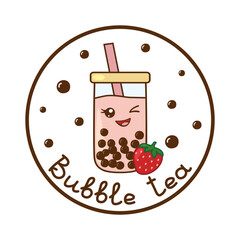 Kawaii bubble tea with strawberry winking in circle frame with lettering, vector
