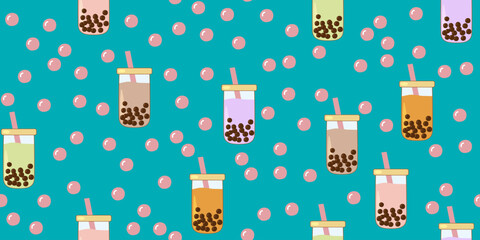 Seamless pattern with different colored boba tea glasses and tapioca pearls blue background, vector