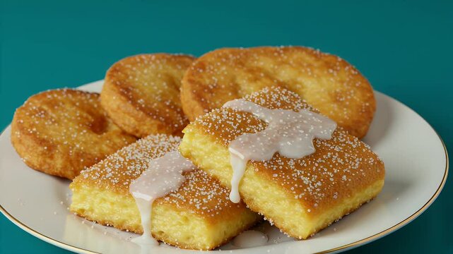 Square of cornbread with icing and hashbrowns