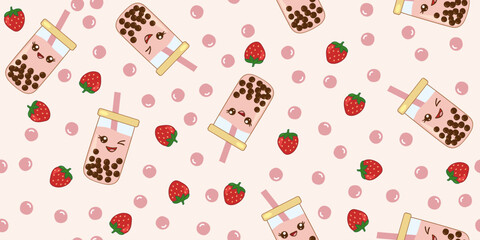 Kawaii bubble tea with strawberry and boba pearls, seamless pattern on pink background, vector