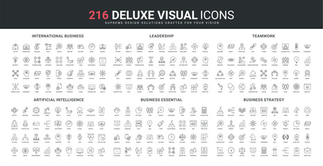 Business essential, international company strategy and leadership, teamwork line icon set. Artificial intelligence global services, startup growth thin black outline symbols vector illustration