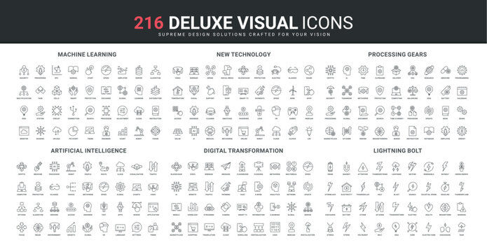 AI and digital system transformation, lightning bolt of energy or stress, electricity line icon set. Machine learning technology, smart solutions gears thin black outline symbols vector illustration