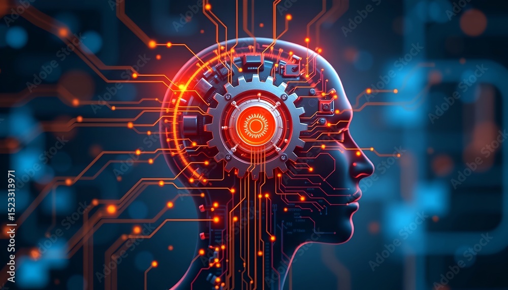 Poster artificial intelligence concept, a futuristic robotic head with glowing circuits and a central gear,