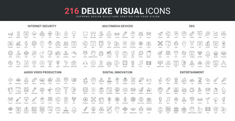 Production of audio and video content, digital innovation, internet security, SEO service line icon set. Multimedia devices for entertainment and work thin black outline symbols vector illustration