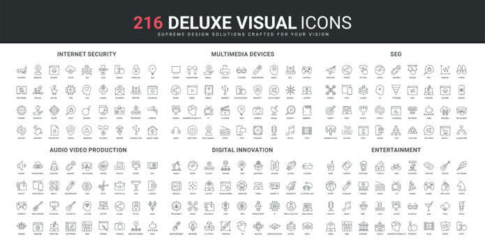 Production of audio and video content, digital innovation, internet security, SEO service line icon set. Multimedia devices for entertainment and work thin black outline symbols vector illustration