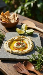Delicious hummus with pita bread and lime wedges on rustic wooden table.  Hummus is served on gray stone board with olive oil and chili flakes. 