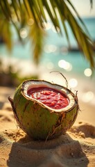 Tropical coconut bowl with vibrant red soup served on sandy beach.  Exotic no-dish meal in coconut shell near ocean.  Perfect no-dish meal for summer food blogs and travel magazines.