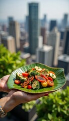 Grilled vegetables on edible leaf plate with city view. Eco-friendly eating concept featuring grilled broccoli, zucchini, cherry tomatoes, and herbs.