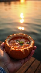 Delicious soup served in edible bread bowl at sunset. Hand holding hearty vegetable soup, perfect for casual dining or picnic. No-dish food.