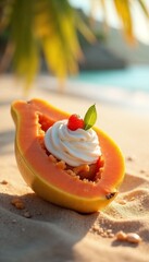 Tropical papaya boat with whipped cream and cherry on sandy beach. Sweet papaya dessert includes fresh fruit and creamy topping. Perfect summer treat for beach picnic or refreshing no-dish meal.