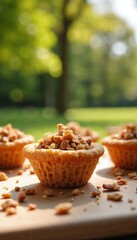 Granola cups with crunchy peanut topping on wooden board. Granola snack is perfect for eco-friendly eating, zero waste lifestyle, and sustainable habits.