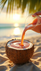 Tropical pink smoothie poured into coconut shell on sandy beach at sunset. Refreshing summer drink in edible packaging, perfect handheld no-dish meal for beach vacation.