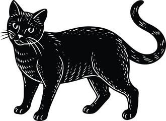 Engraved Style Black Cat Illustration with Curved Tail