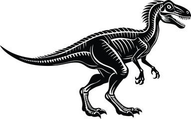 Ferocious Raptor Dinosaur Vector Illustration, Black and White Prehistoric Silhouette Design