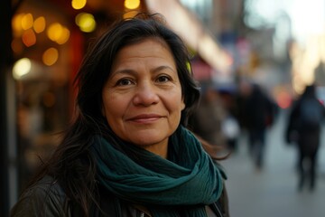 Portrait of a middle-aged woman in a city street.