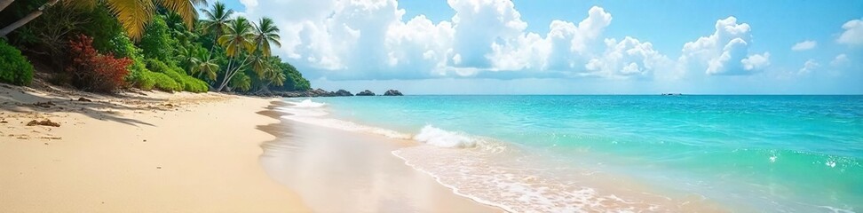 Fototapeta premium Relaxing beach scene with gentle waves lapping the shore under a partly cloudy sky Perfect for summer vacation, travel, and coastal lifestyle themes , blue, paradise, sky