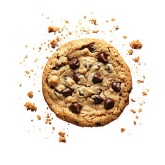 Close-up of a chocolate chip cookie isolated on transparent background.