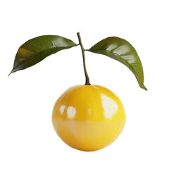Close-up of a glossy yellow citrus fruit with leaves isolated on transparent background.