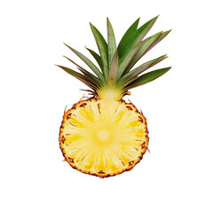 Close-up view of a pineapple cross-section with vibrant colors isolated on transparent background.