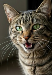 Obraz premium Intense moment of a tabby cat showing its fangs, eyes wide open.