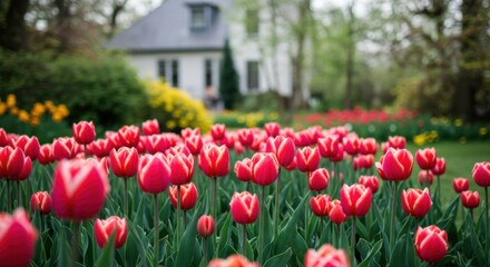 Obraz premium Fresh garden tulips with rich colors, house and trees in the distance. Copy space.