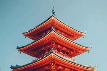 Fototapeta premium Red Japanese Pagoda Architecture Against Blue Sky
