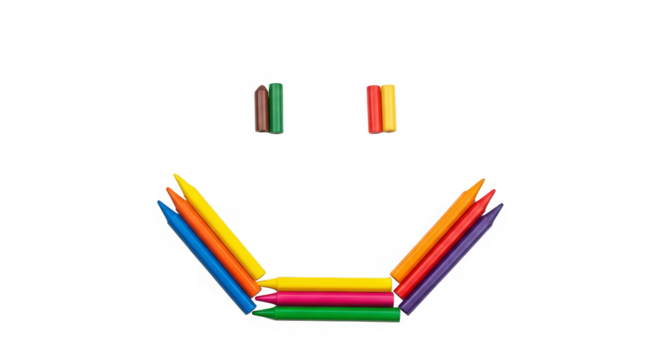 A creative arrangement of colorful crayons forms a whimsical, smiling face against dark background. - Powered by Adobe