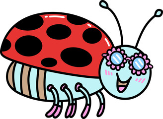 Retro Groovy Cartoon Ladybug Wearing Flower Sunglasses Illustration