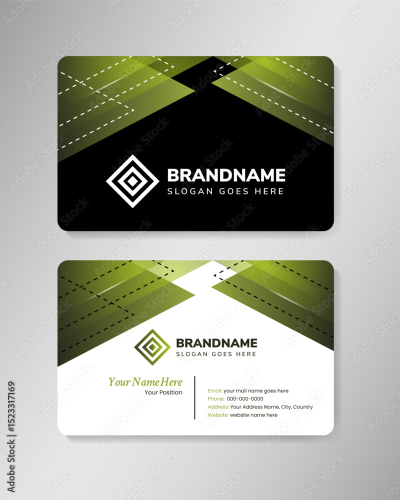 Poster double sided business card design template. simple business card design with triangle green gradient