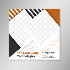 A modern Digital community technologies Banner Design Template. This template is designed use diagonal square for photo space. easily edit the colors, elements, images, texts, and many more to fit
