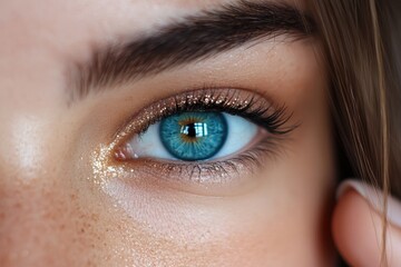 Obraz premium Close-up of an eye, showcasing vibrant color and light. Detail of brow and skin texture visible