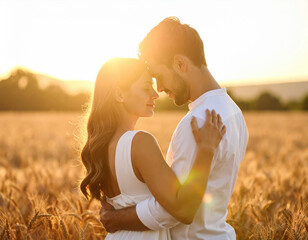 Two souls intertwined in tender embrace, bathed in golden glow of afternoon sun, surrounded by field of wheat, radiating love and warmth