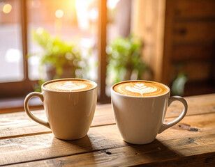 Warm and inviting, two steaming mugs of coffee sit on rustic wooden table, showcasing beautiful latte art. sunlight filters through window, creating cozy atmosphere