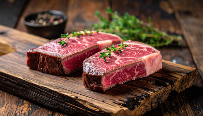 Succulent slices of dry aged beefsteak glistening with marbling, garnished with fresh thyme, resting on rustic wooden board, evoke sense of gourmet indulgence and culinary delight