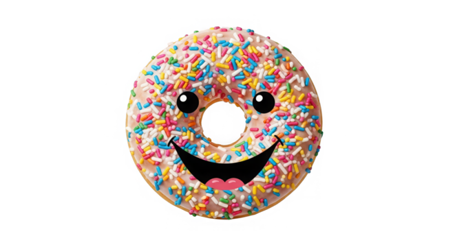 A whimsical, colorful donut with sprinkles and a cheerful cartoon face against a dark backdrop. - Powered by Adobe