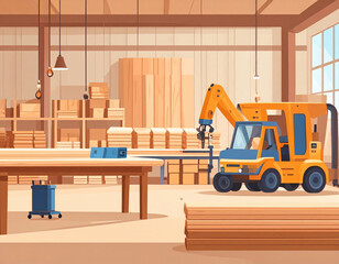 Vibrant industrial workshop featuring yellow forklift, wooden planks, and various carpentry tools. spacious environment is filled with natural light, creating inviting atmosphere for woodworking