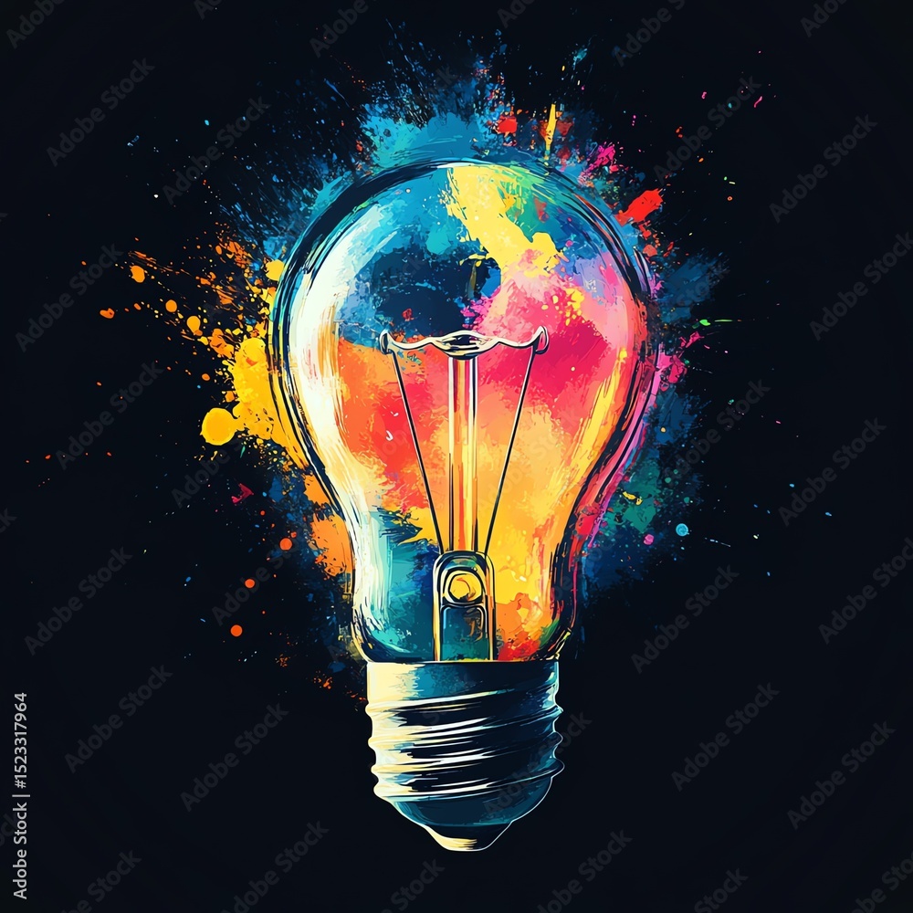 Poster A colorful abstract light bulb illustration symbolizing creativity and innovation with vibrant paint splashes.  high resolution   for isolate image