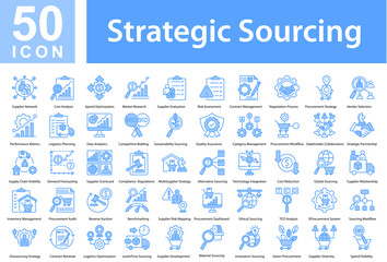 Strategic Sourcing Collection of Icons with Blue Color, Containing: Supplier Network  ,Cost Analysis  ,Spend Optimization  ,Market Research  ,Supplier Evaluation  ,Risk Assessment  ,Contract Managemen